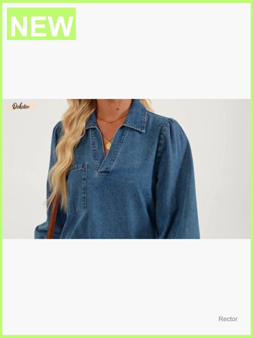 Denim Dress Women V Neck 3/4 Puff Sleeve Babydoll Jean Dress - Picture 7 of 7